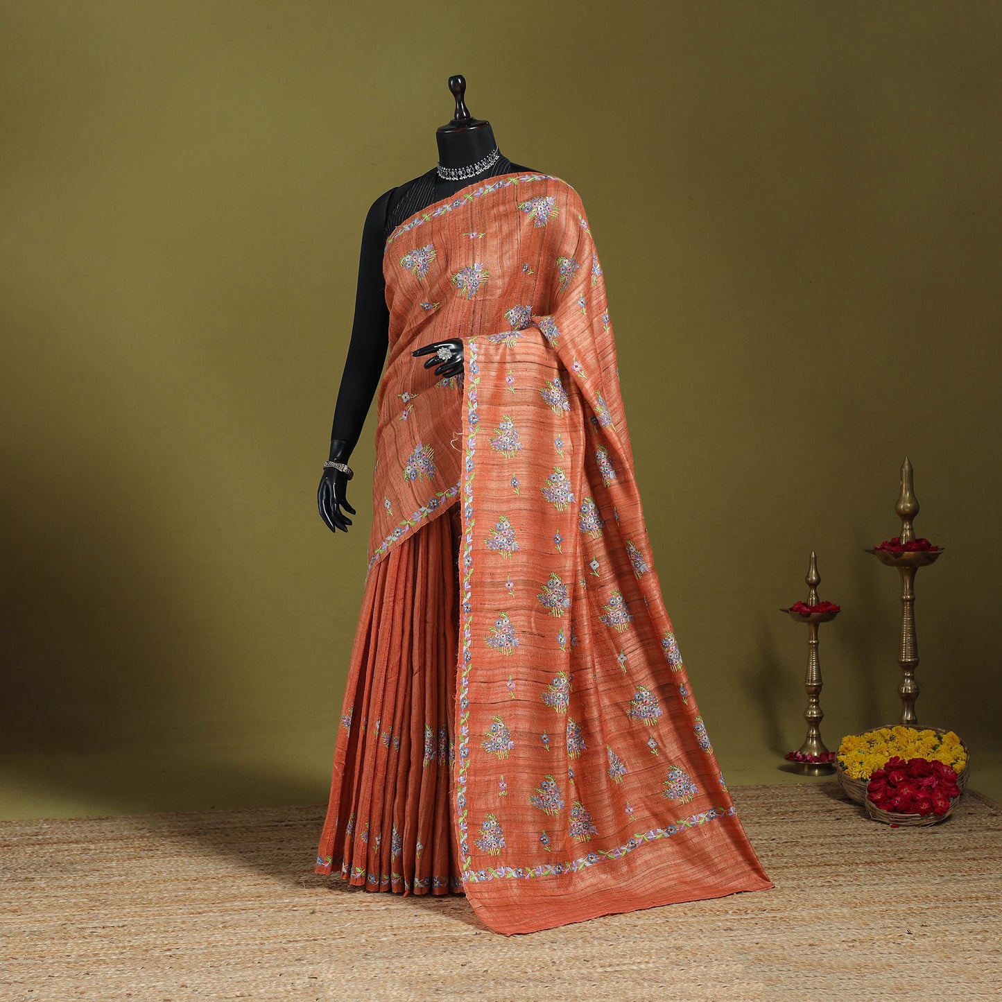 Orange - kashidakari hand embroidery ghicha tussar silk
