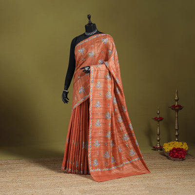 Orange - kashidakari hand embroidery ghicha tussar silk