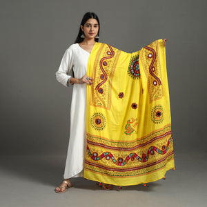 Yellow - Mirror Work Printed Cotton Kutch Hand Embroidery Dupatta 01