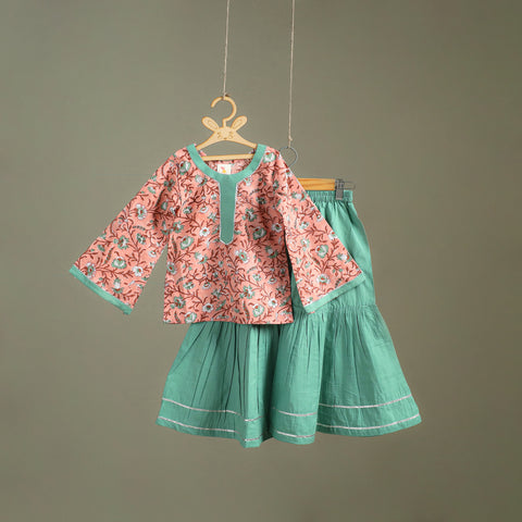 Girls Gota Work Floral Block Print Cotton Kurta with Sharara Set (3-4 Years) 04