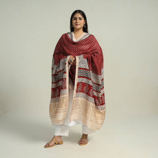 Red - Traditional Maheshwari Silk Bagh Print Dupatta 11