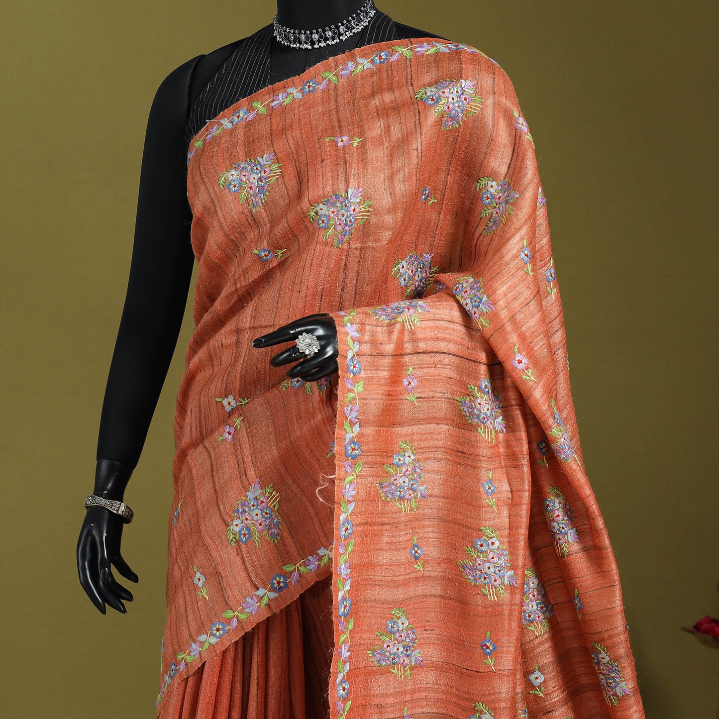 Orange - kashidakari hand embroidery ghicha tussar silk