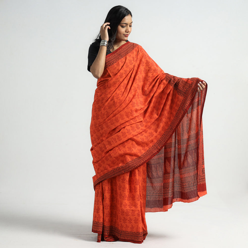 Orange - Bagh Hand Block Printed Natural Dyed Cotton Saree