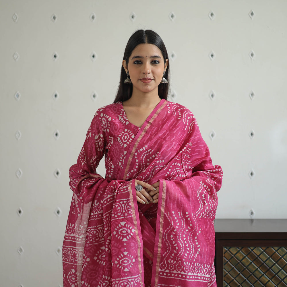 Pink - Hand Block Bagru Print Chanderi Silk Kurta Set 06