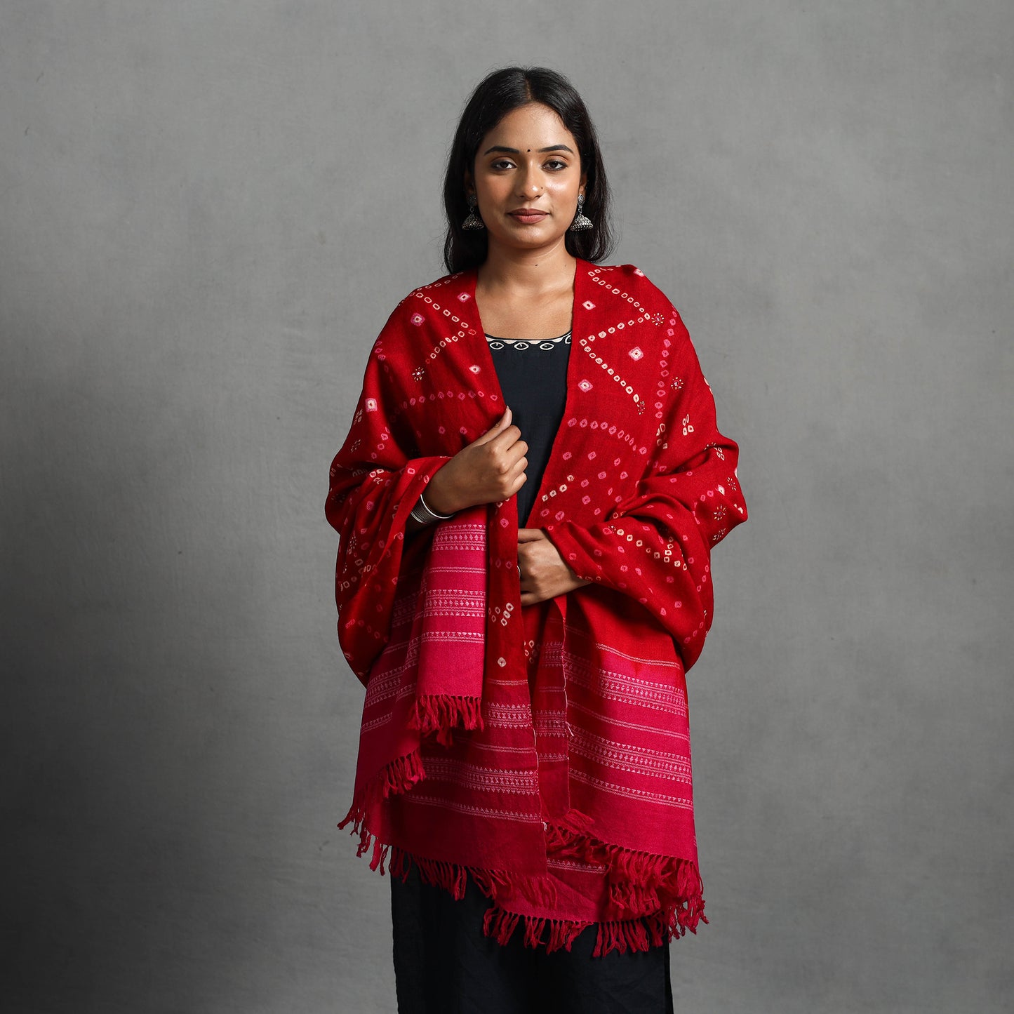 Red - Kutch Mirror Work Handwoven Bandhani Bagida Woolen Shawl 47