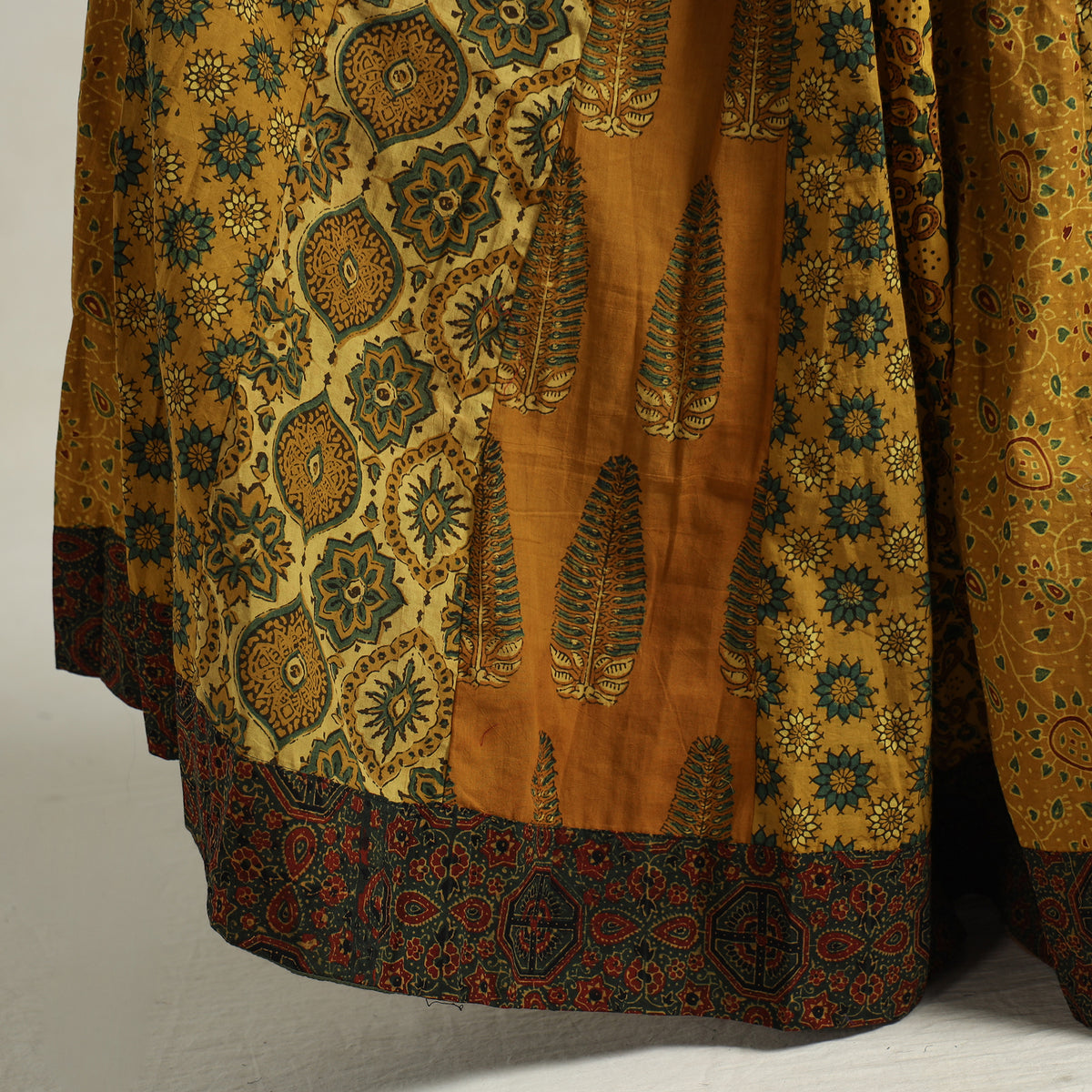 Yellow - Ajrakh Block Printed 24 Kali Patchwork Cotton Long Skirt 67