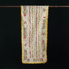 Ranihati Chanderi Silk Hand Embroidered Stole with Pom Pom 240