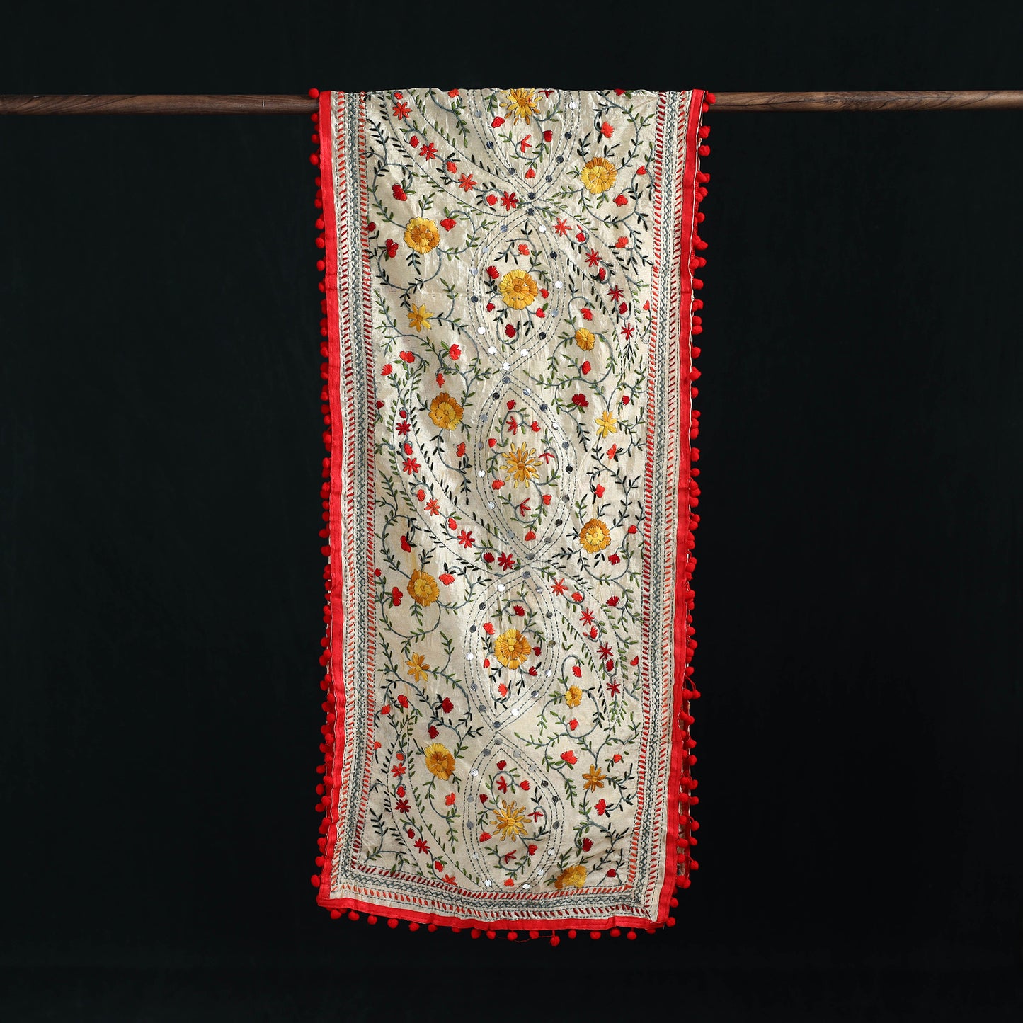 Ranihati Chanderi Silk Hand Embroidered Stole with Pom Pom 239