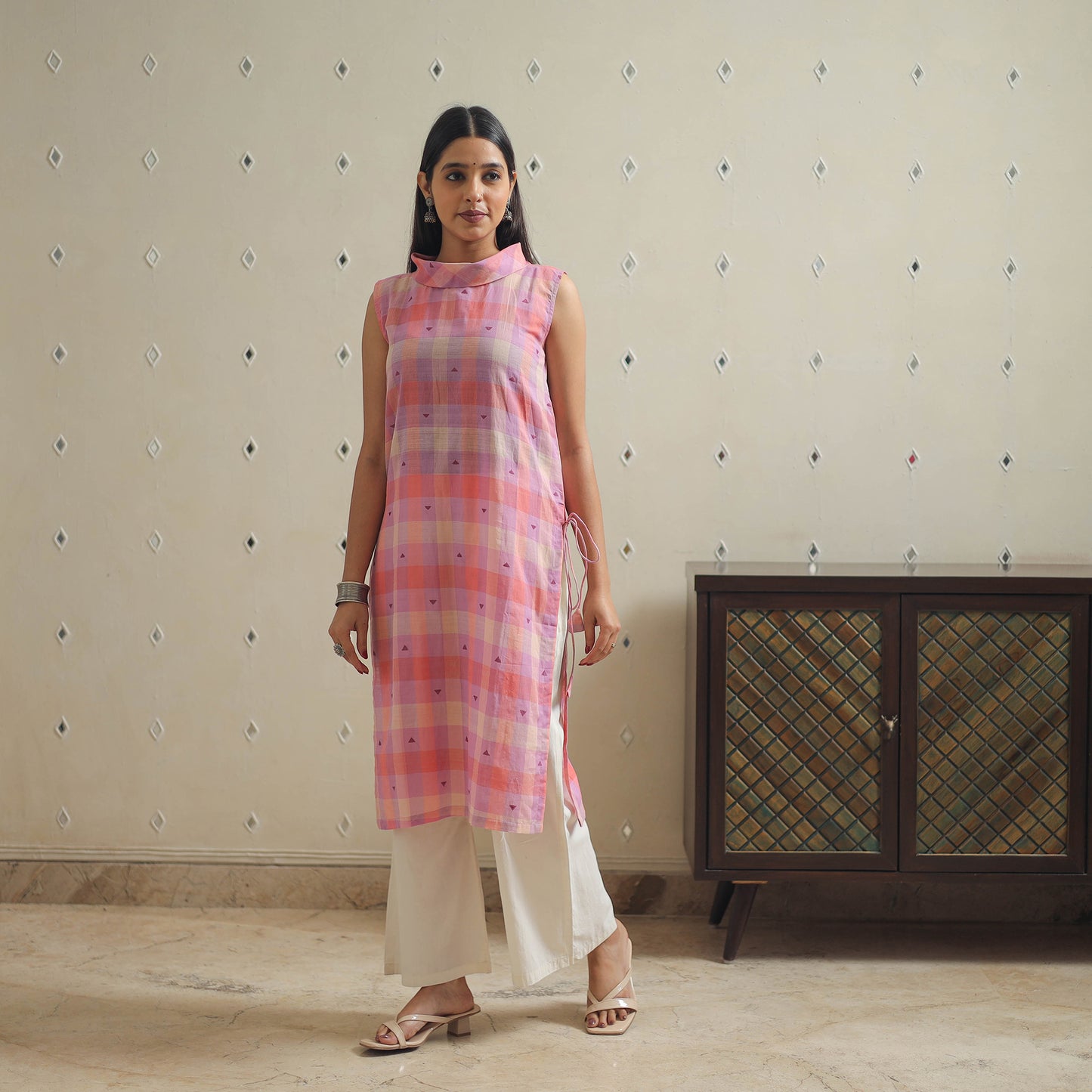 Multicolor - Sleeveless Handwoven Cotton Jamdani Kurta 19