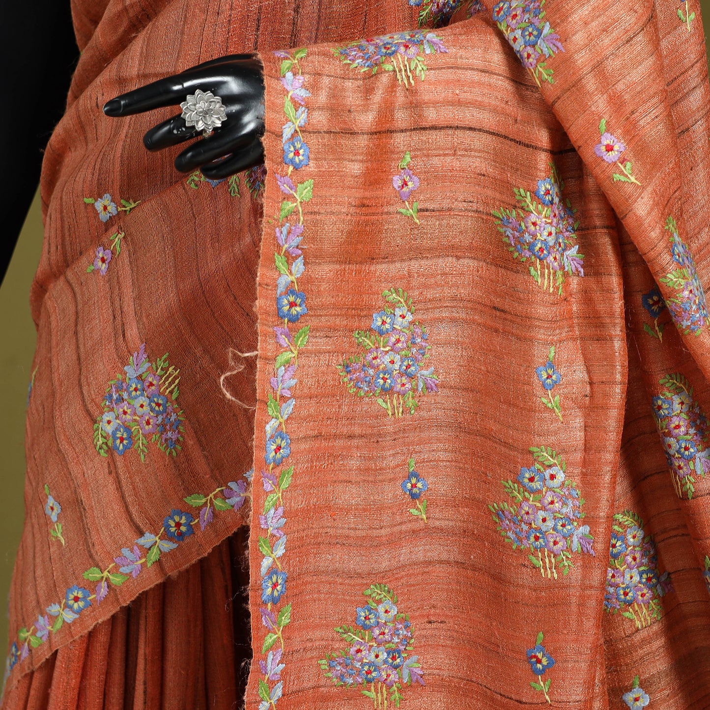 Orange - kashidakari hand embroidery ghicha tussar silk