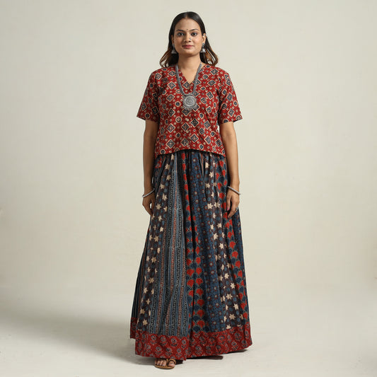 Ajrakh Block Printed 24 Kali Patchwork Cotton Long Skirt 68