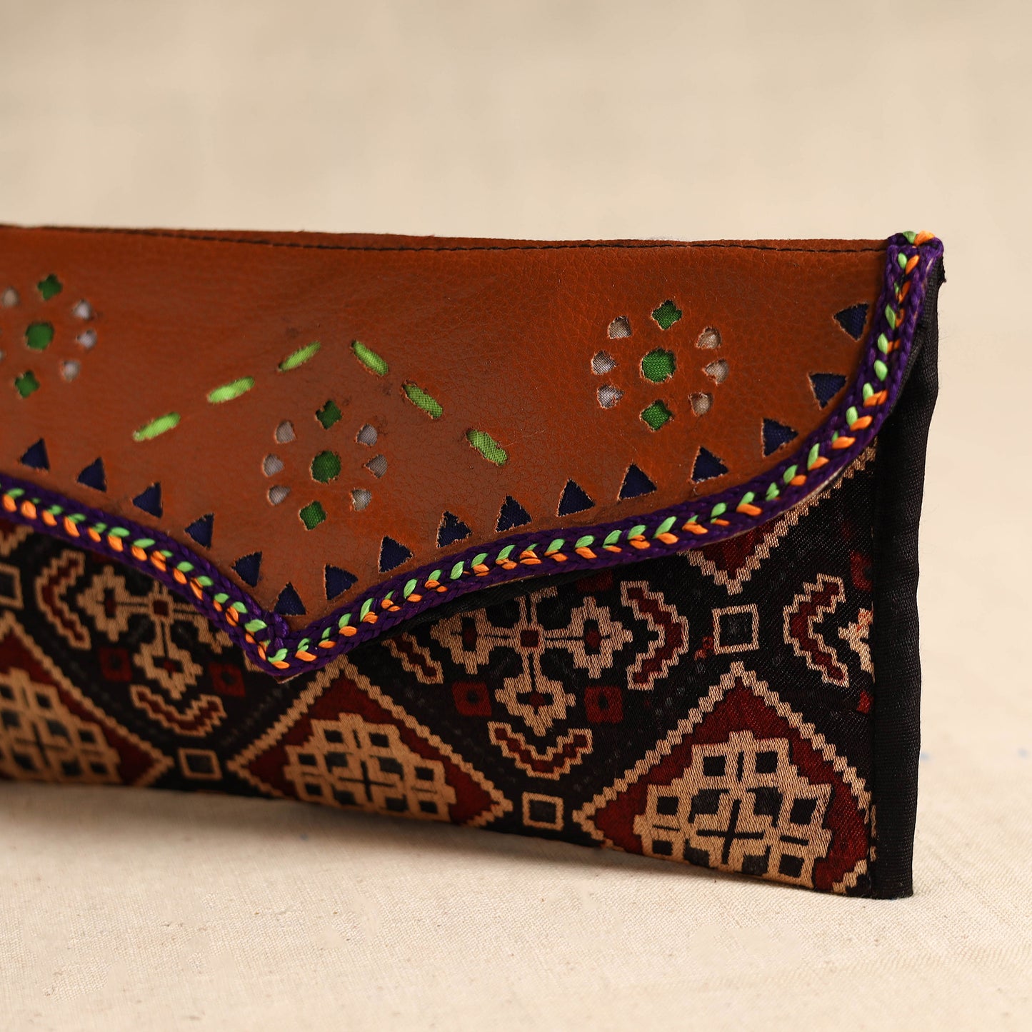 Traditional Kutch Mashru Silk Leather Flap Clutch / Wallet 99