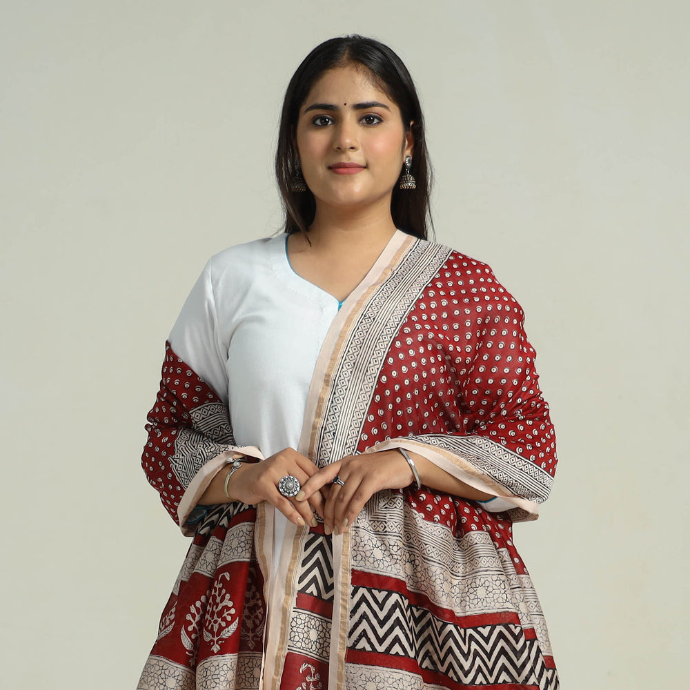 Red - Traditional Maheshwari Silk Bagh Print Dupatta 11