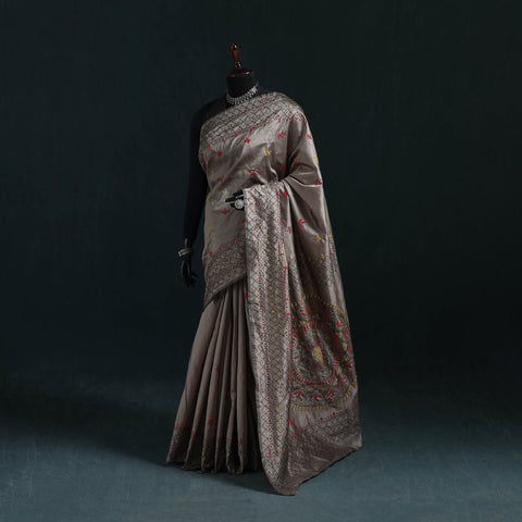 Gray - Bengal Hand Embroidery Silk Nakshi Kantha Saree 01