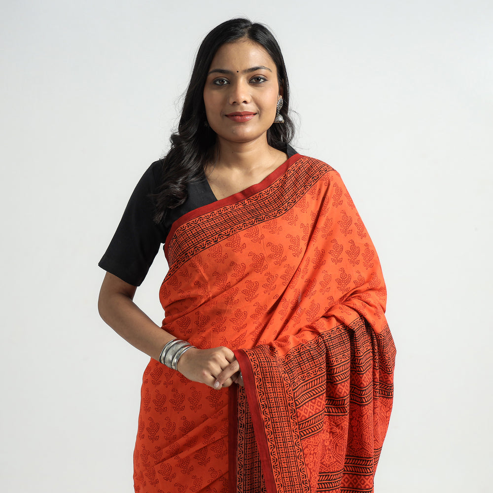 Orange - Bagh Hand Block Printed Natural Dyed Cotton Saree