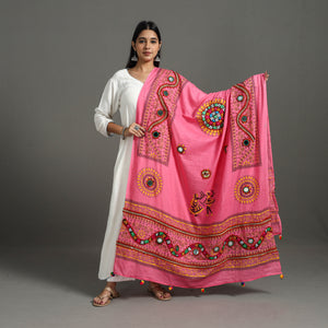 Pink - Mirror Work Printed Cotton Kutch Hand Embroidery Dupatta 02