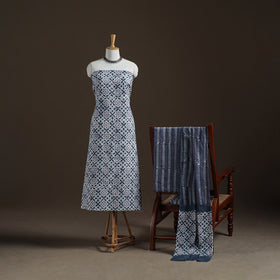 Blue - Kutch Hand Batik Print Cotton Unstitched Dress Material: Kurta, Bottom & Dupatta 09