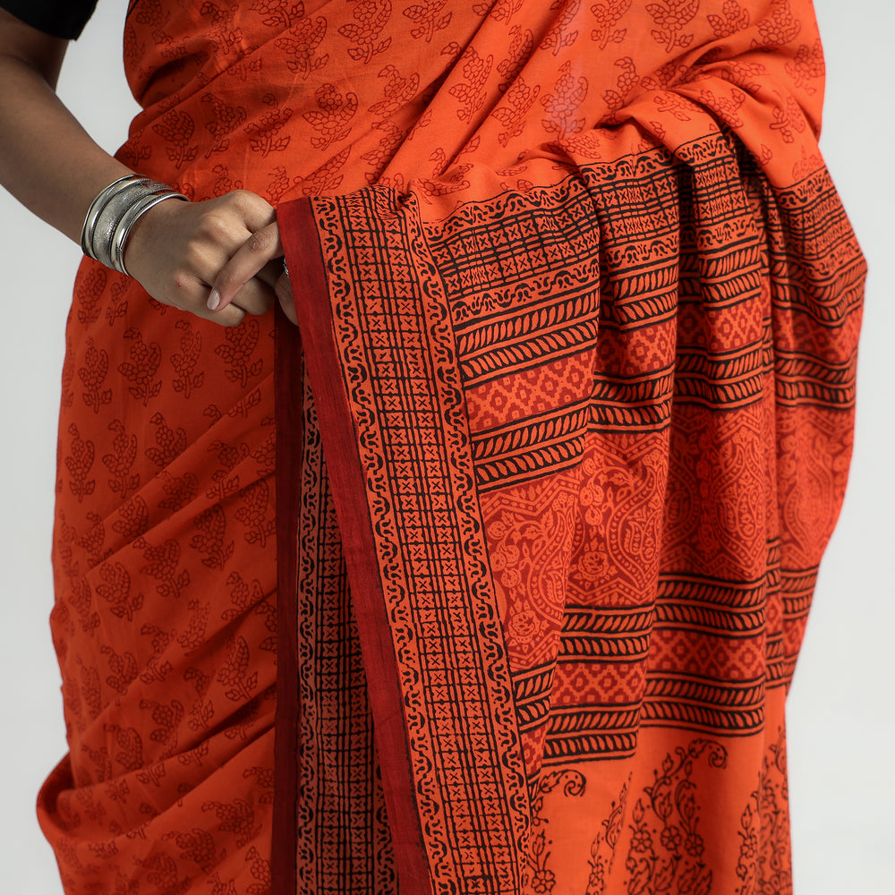 Orange - Bagh Hand Block Printed Natural Dyed Cotton Saree