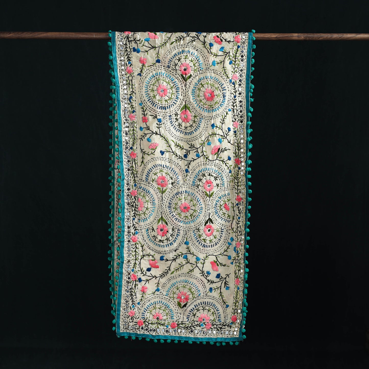 Ranihati Chanderi Silk Hand Embroidered Stole with Pom Pom 237