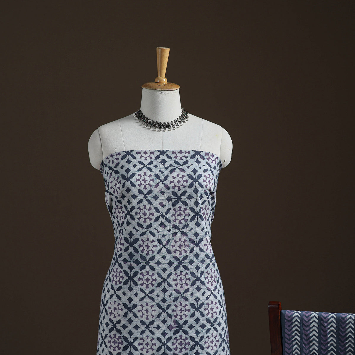 Blue - Kutch Hand Batik Print Cotton Unstitched Dress Material: Kurta, Bottom & Dupatta 09