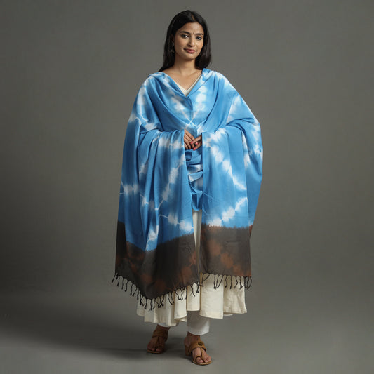 Blue - Shibori Tie-Dye Cotton Dupatta with Tassels 98