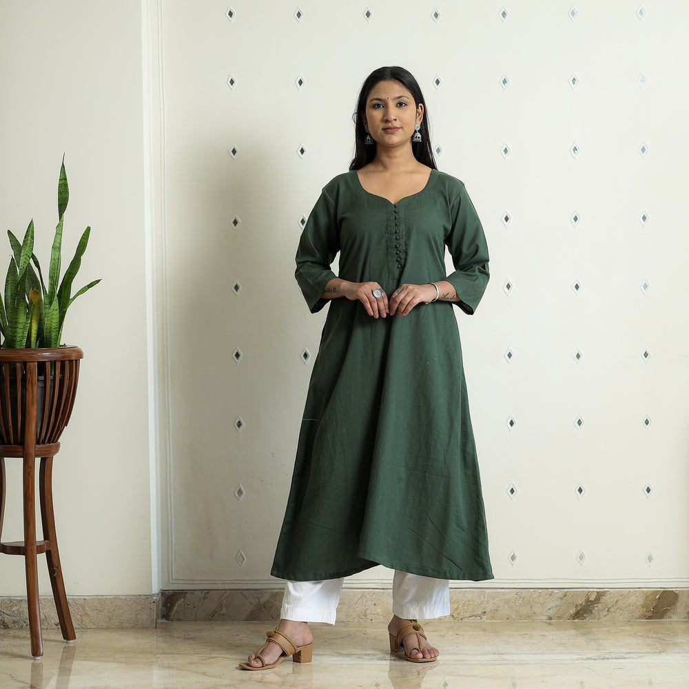 Dark Green - Plain Flex Cotton Kurta