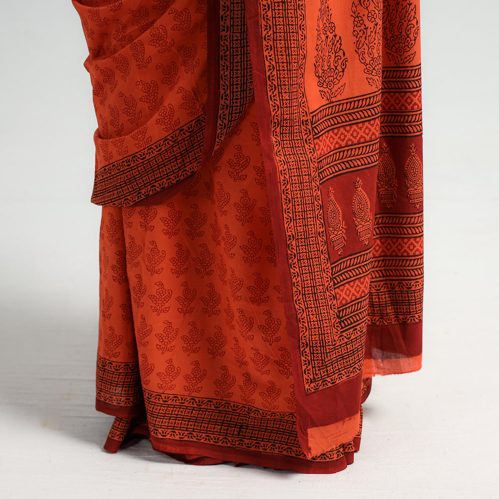 Orange - Bagh Hand Block Printed Natural Dyed Cotton Saree