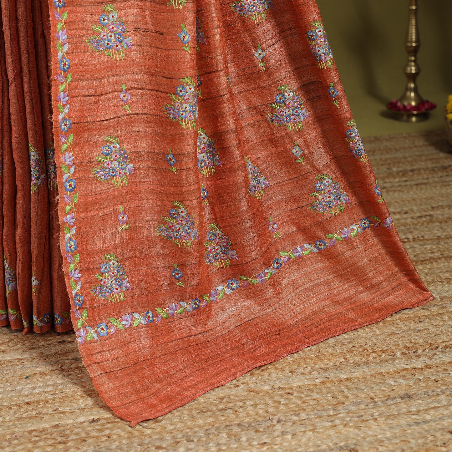 Orange - kashidakari hand embroidery ghicha tussar silk