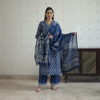 Blue - Hand Block Bagru Print Chanderi Silk Kurta Set 04