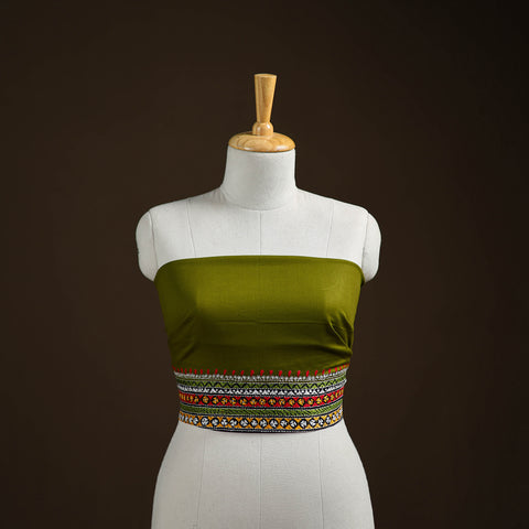 Green - Bengal Kantha Hand Embroidered Cotton Blouse Piece 07