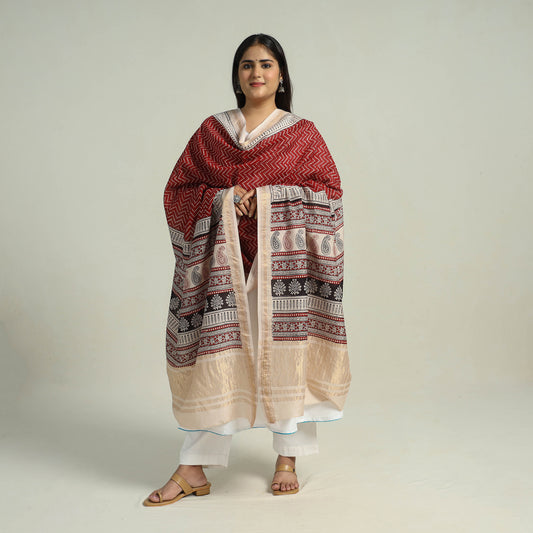 Red - Traditional Maheshwari Silk Bagh Print Dupatta 13