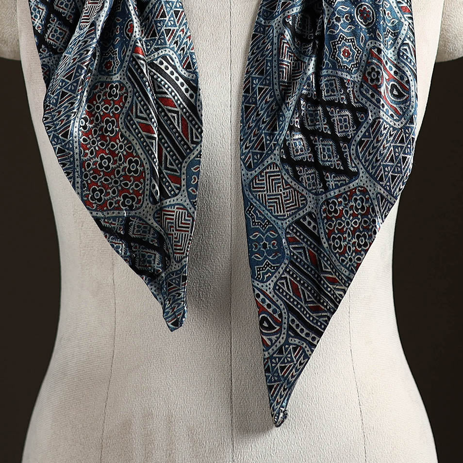 Ajrakh Hand Block Print Natural Dyed Modal Silk Brooch Scarf 01