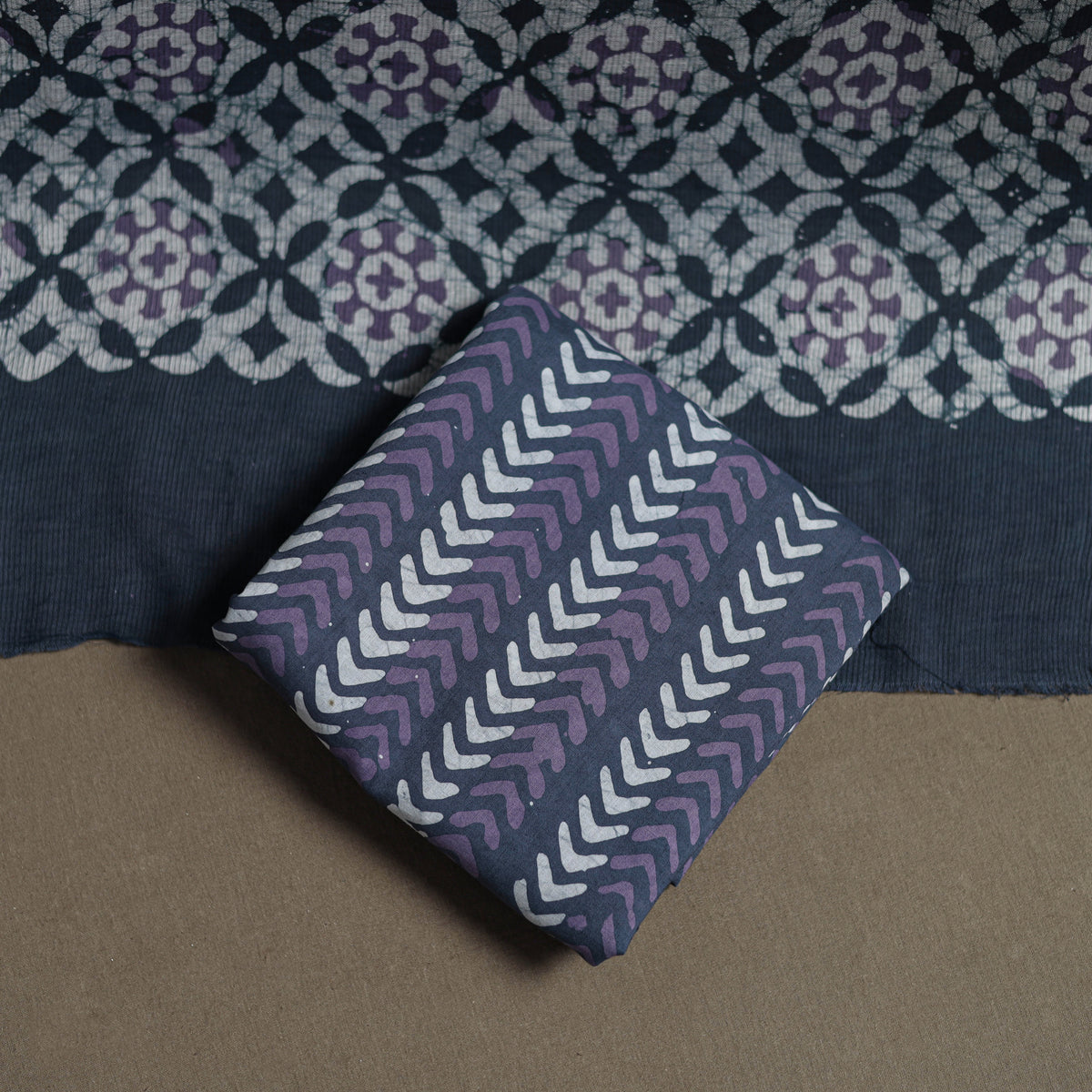 Blue - Kutch Hand Batik Print Cotton Unstitched Dress Material: Kurta, Bottom & Dupatta 09
