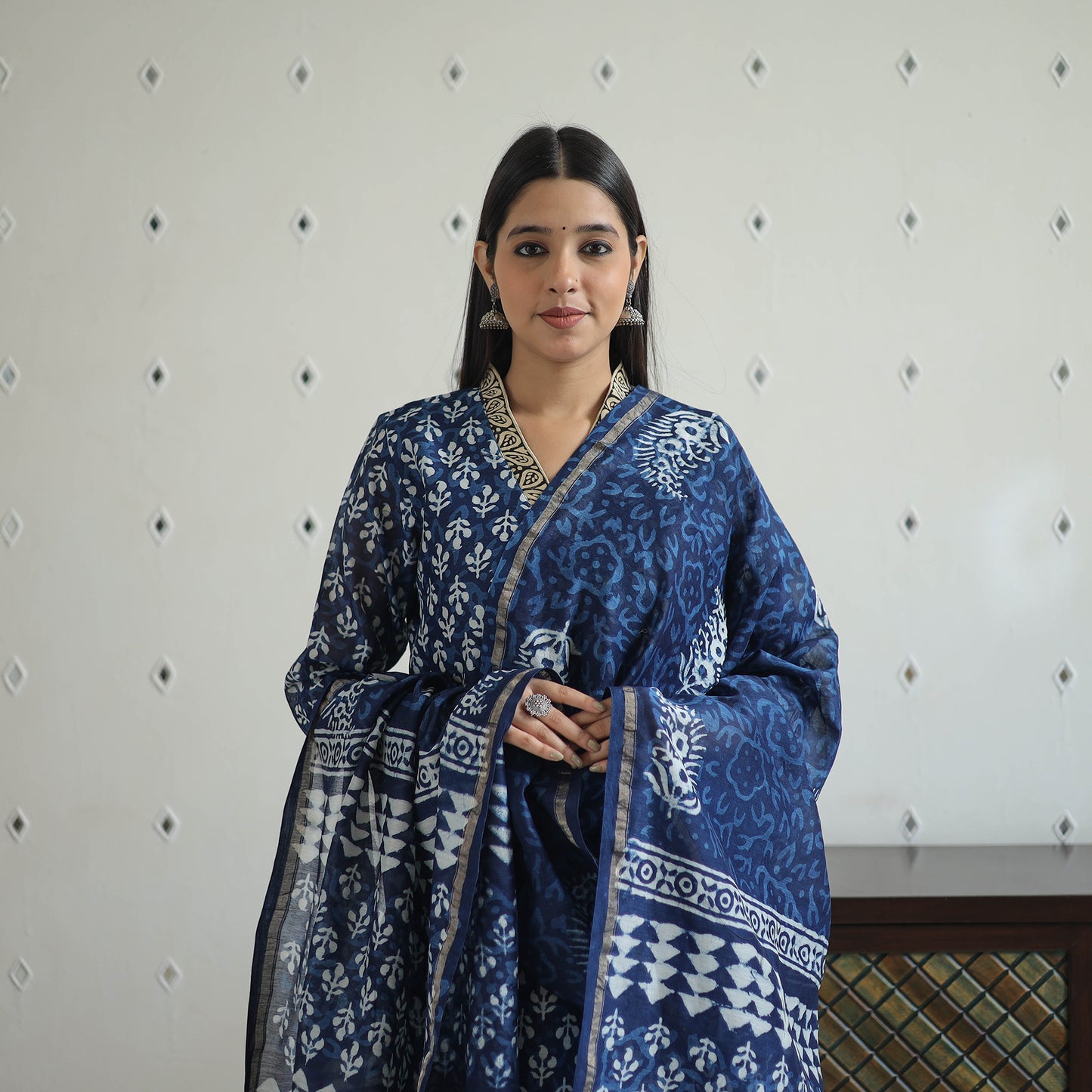 Blue - Hand Block Bagru Print Chanderi Silk Kurta Set 04