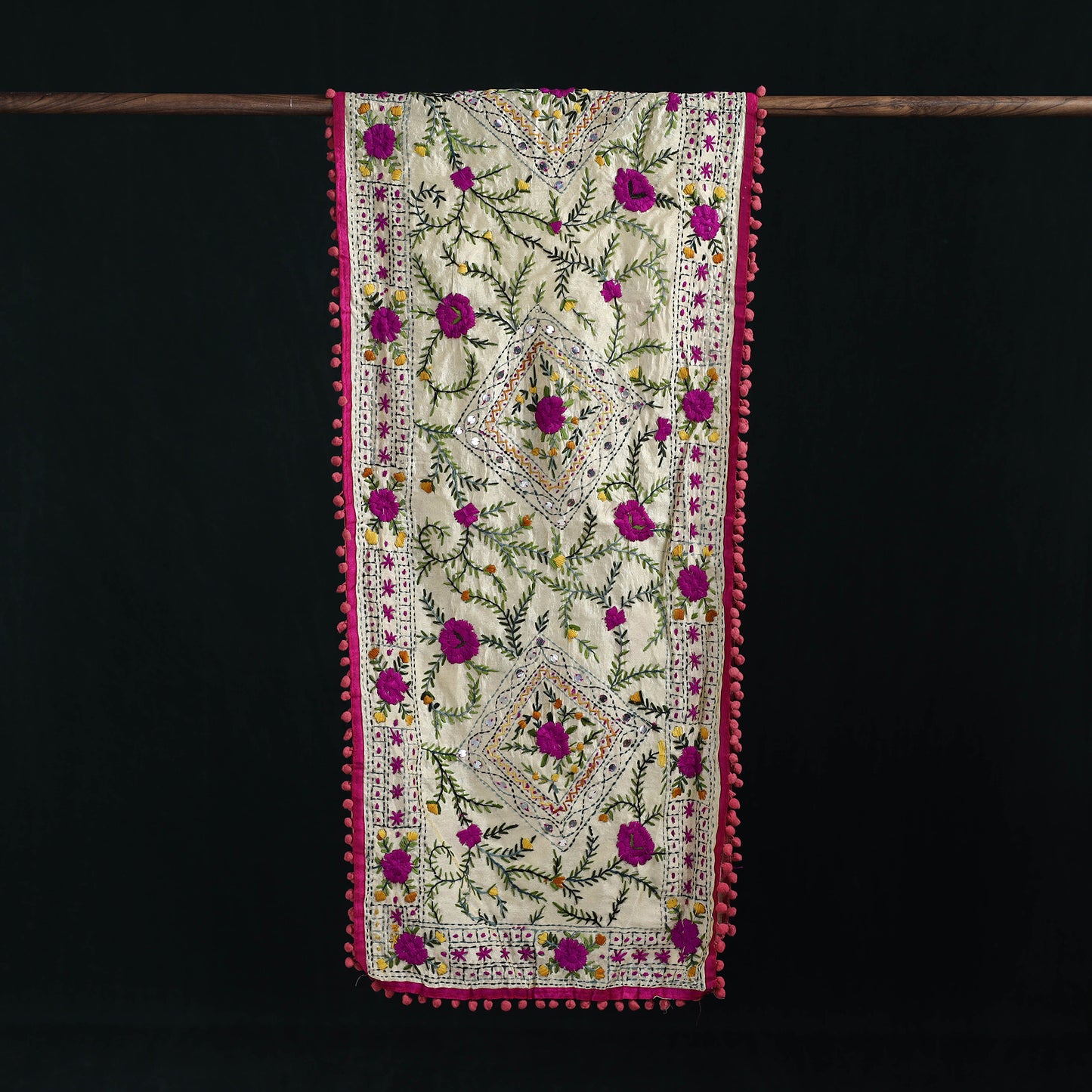 Ranihati Chanderi Silk Hand Embroidered Stole with Pom Pom 234