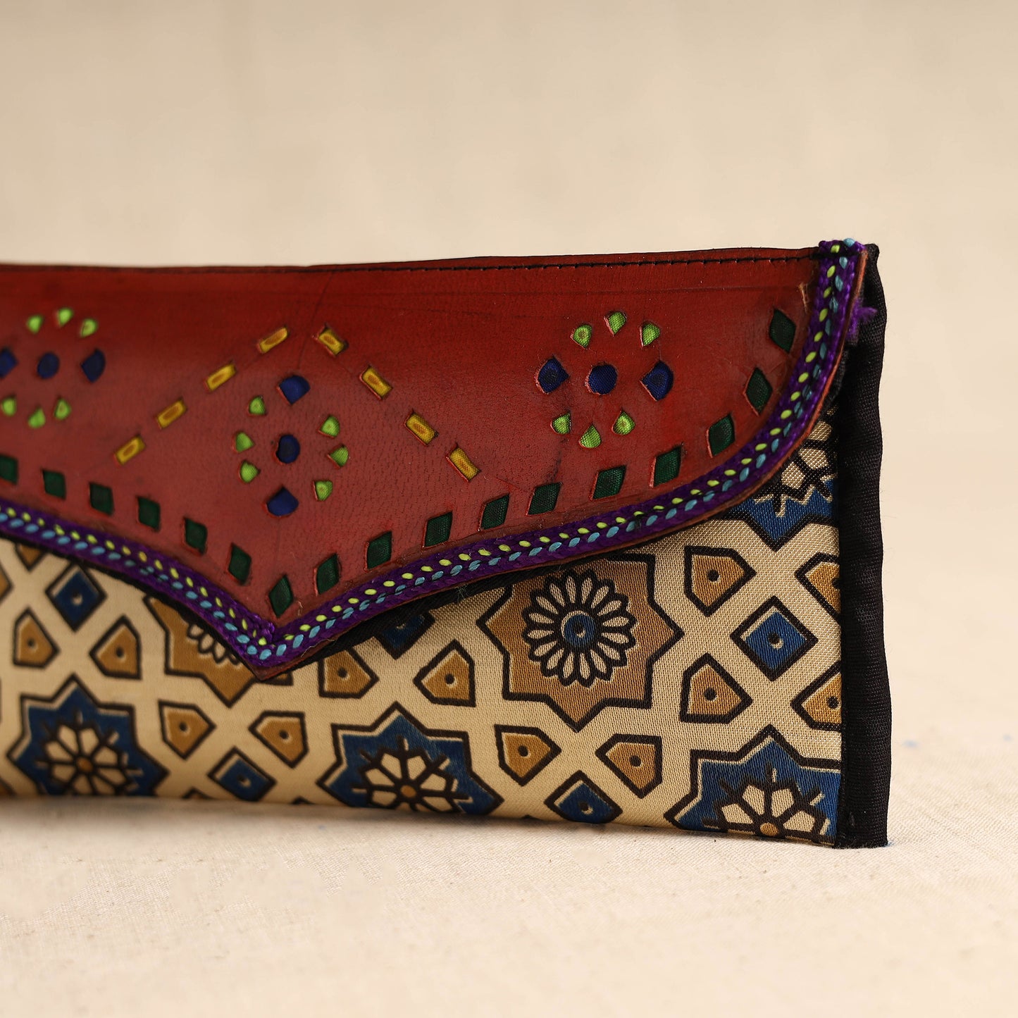 Traditional Kutch Mashru Silk Leather Flap Clutch / Wallet 100