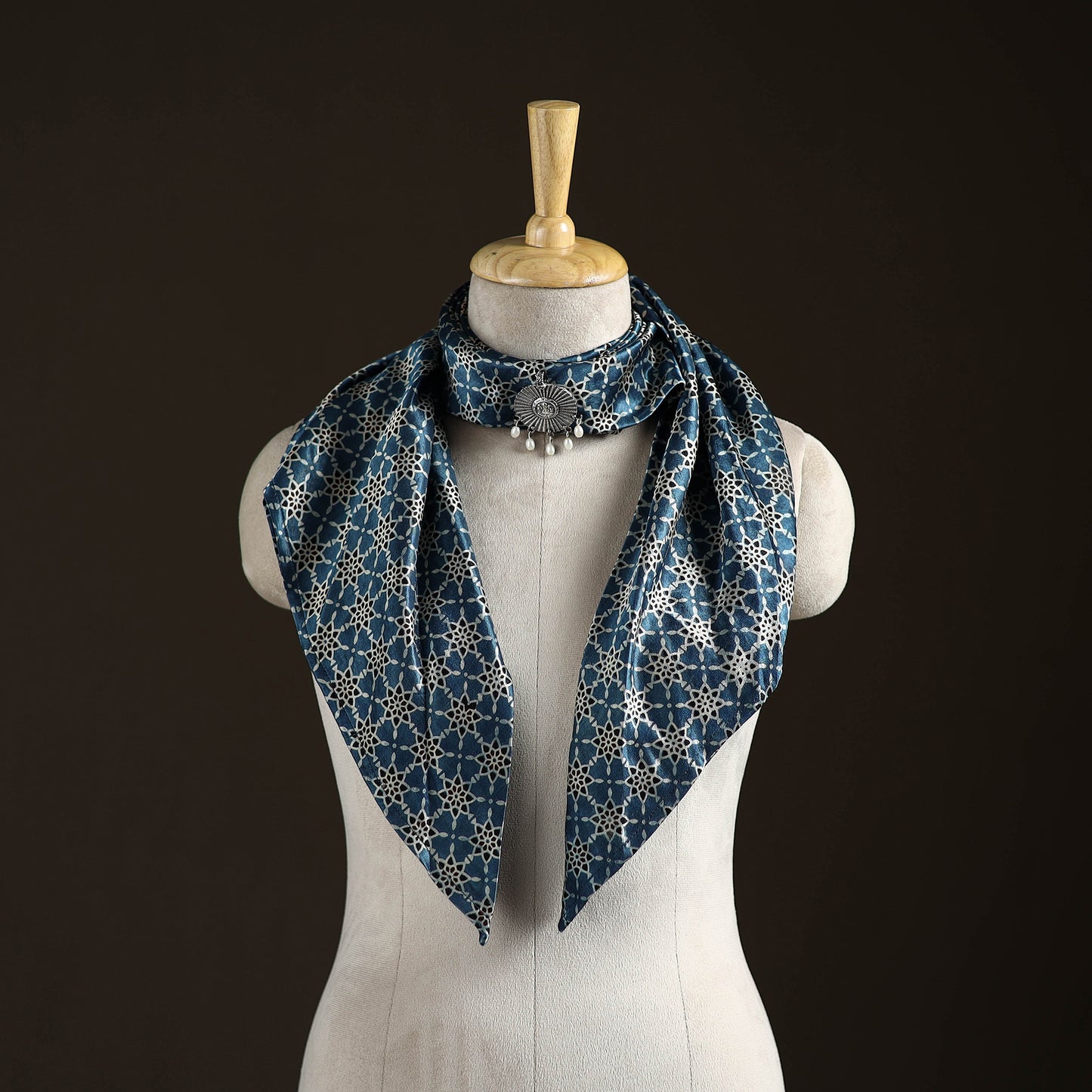 Ajrakh Hand Block Print Natural Dyed Modal Silk Brooch Scarf 02