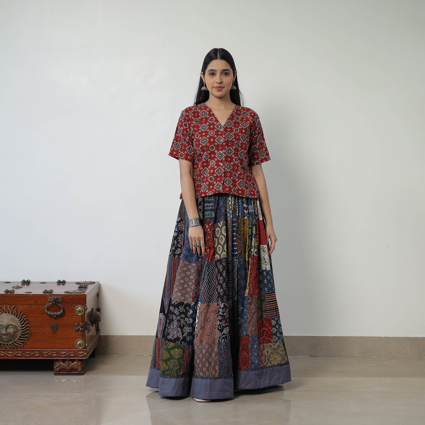 24 Kali Patchwork Block Printed Cotton Ajrakh Skirt 49