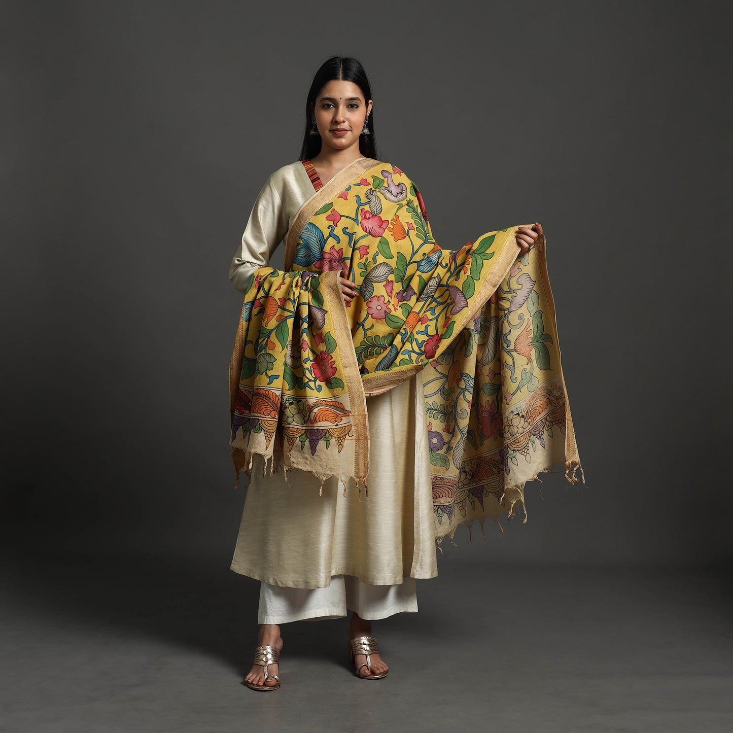 Yellow - mangalagiri cotton handpainted pen work kalamkari