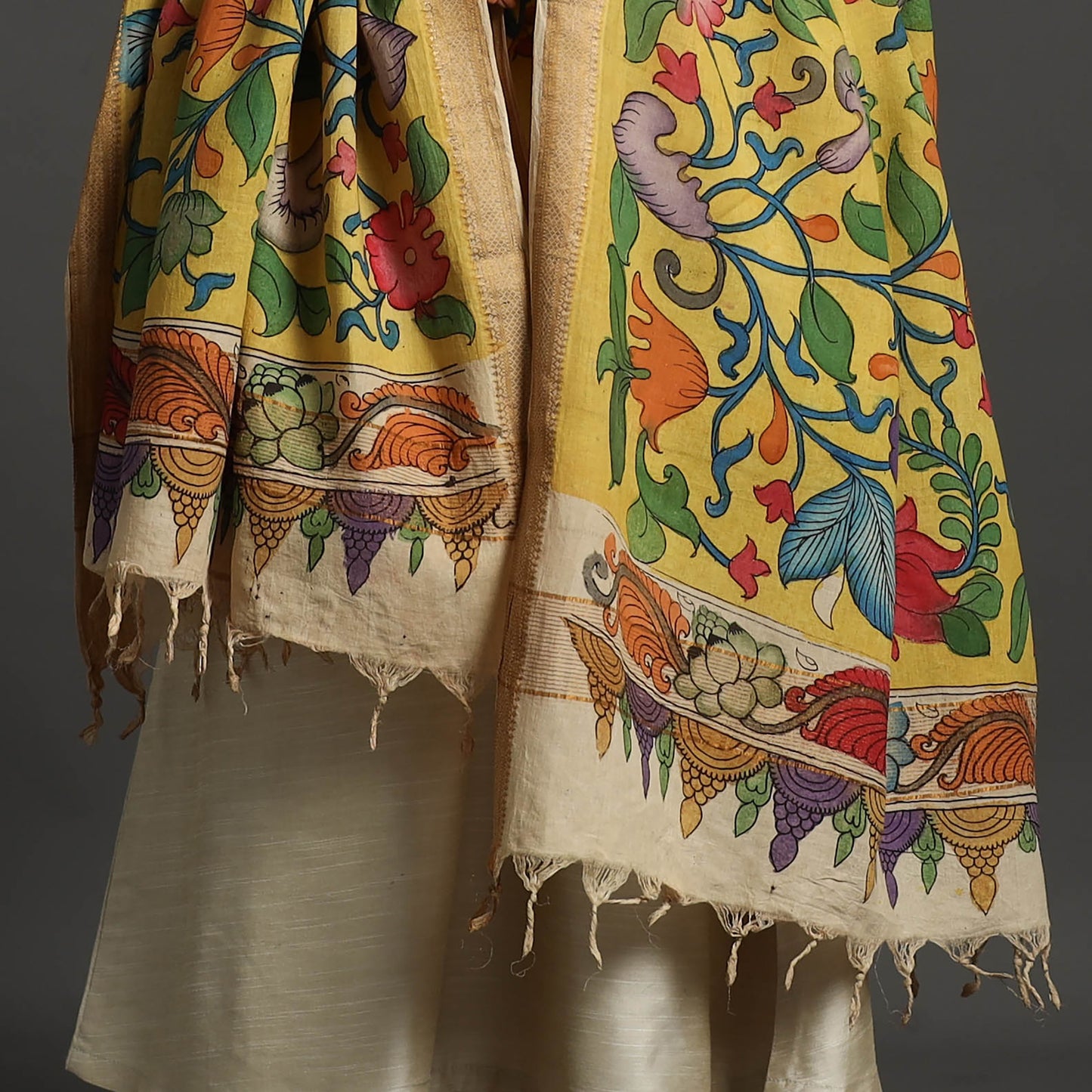 Yellow - mangalagiri cotton handpainted pen work kalamkari