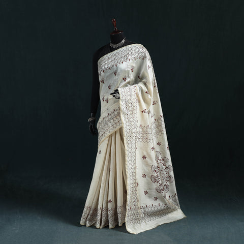 White - Bengal Hand Embroidery Silk Nakshi Kantha Saree 02