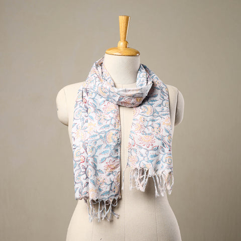 Buy Block Print Cotton Multicolor Sanganeri Stole with Tassels