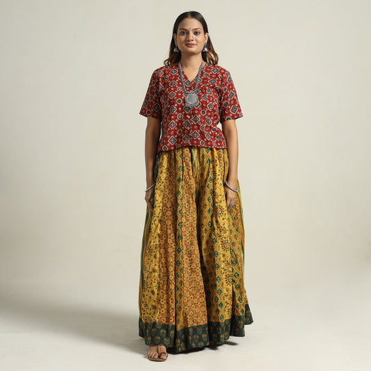 Yellow - Ajrakh Block Printed 24 Kali Patchwork Cotton Long Skirt 69