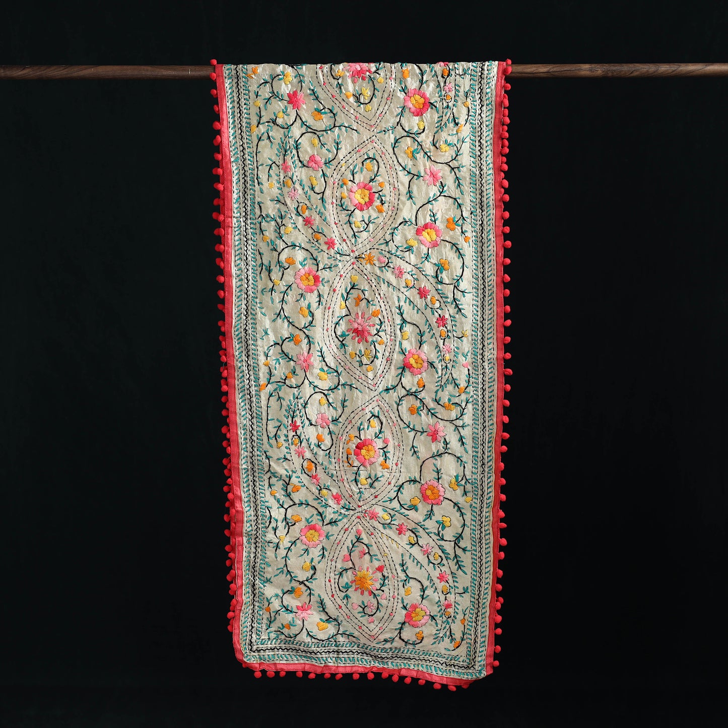 Ranihati Chanderi Silk Hand Embroidered Stole with Pom Pom 232