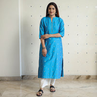 Sky Blue - Polka Zari Buti Spun Dupion Silk Long Straight Kurta 27