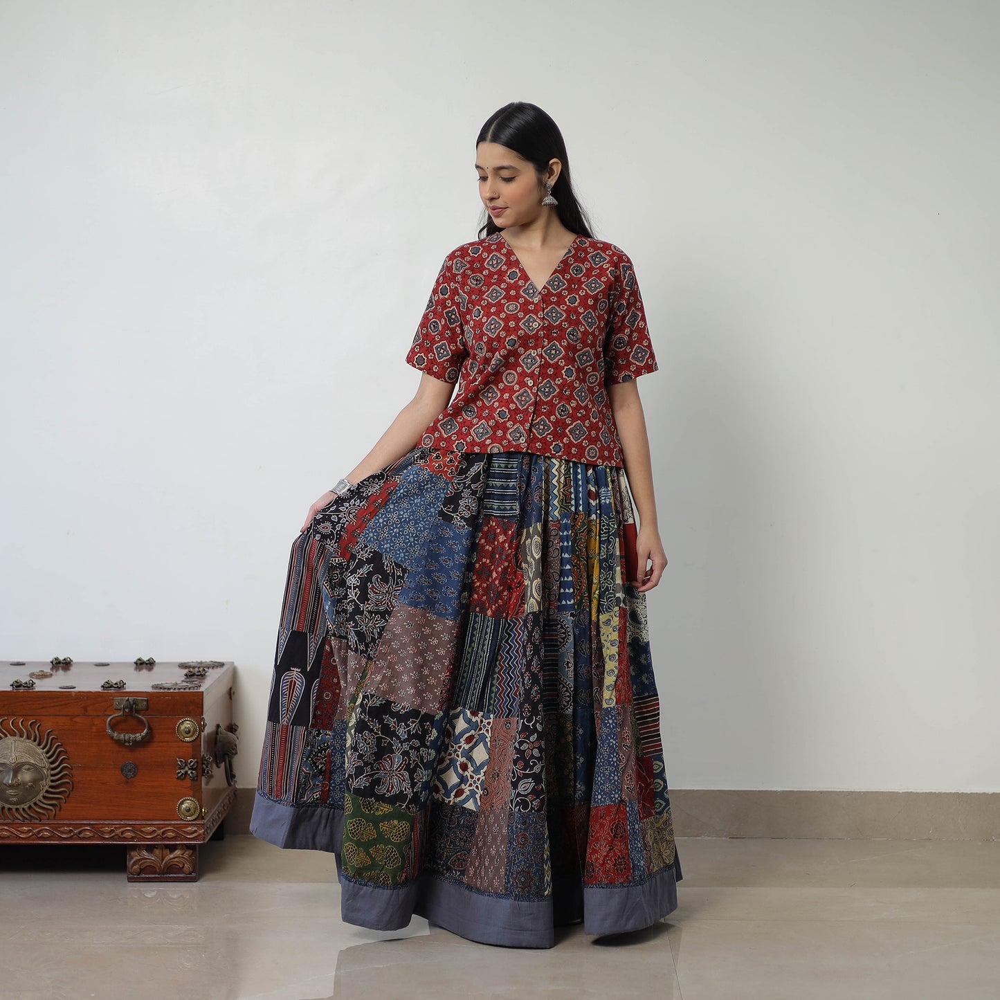 24 Kali Patchwork Block Printed Cotton Ajrakh Skirt 49