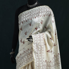 White - Bengal Hand Embroidery Silk Nakshi Kantha Saree 02