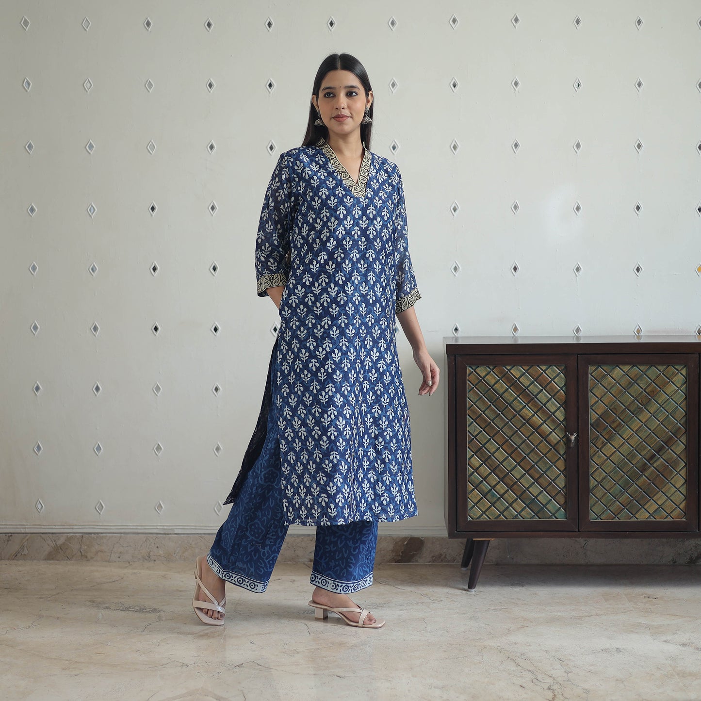 Blue - Hand Block Bagru Print Chanderi Silk Kurta Set 04