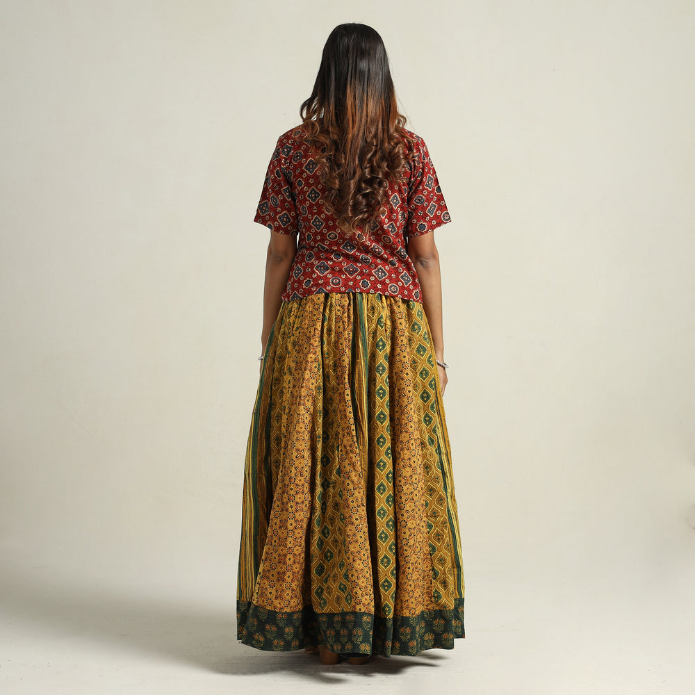 Yellow - Ajrakh Block Printed 24 Kali Patchwork Cotton Long Skirt 69