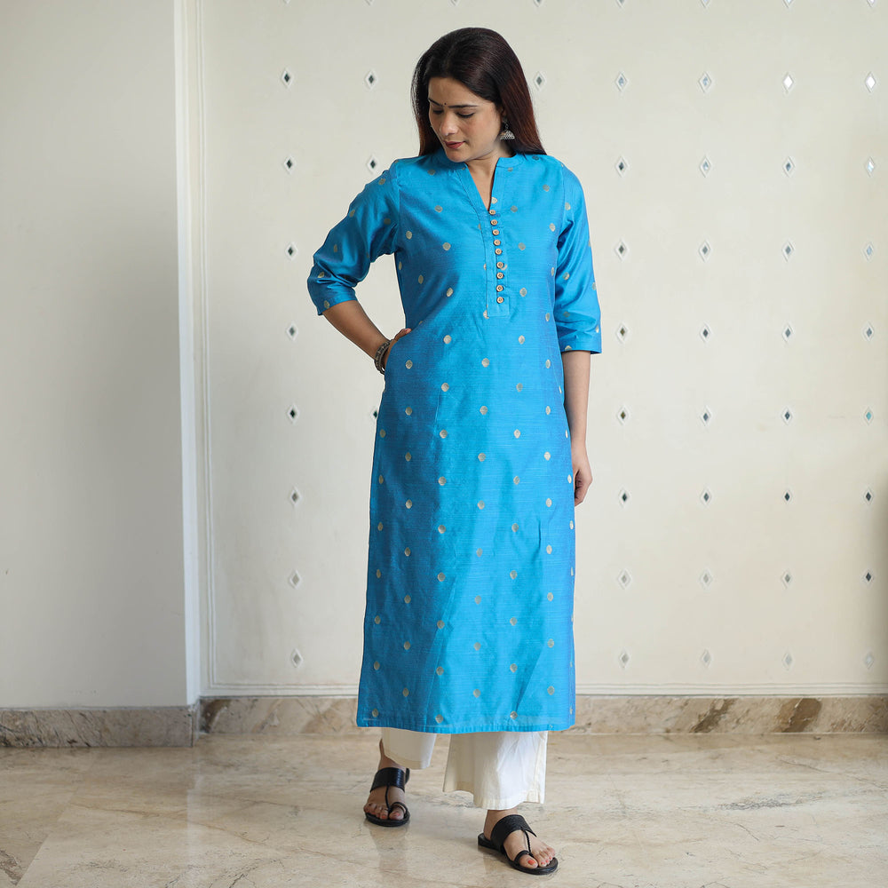 Sky Blue - Polka Zari Buti Spun Dupion Silk Long Straight Kurta 27